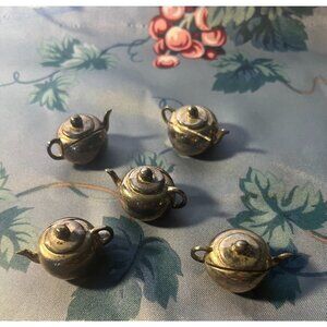 Miniature set of 5 Godinger Silver Art Chrome Plated Mini Teapot place card hold